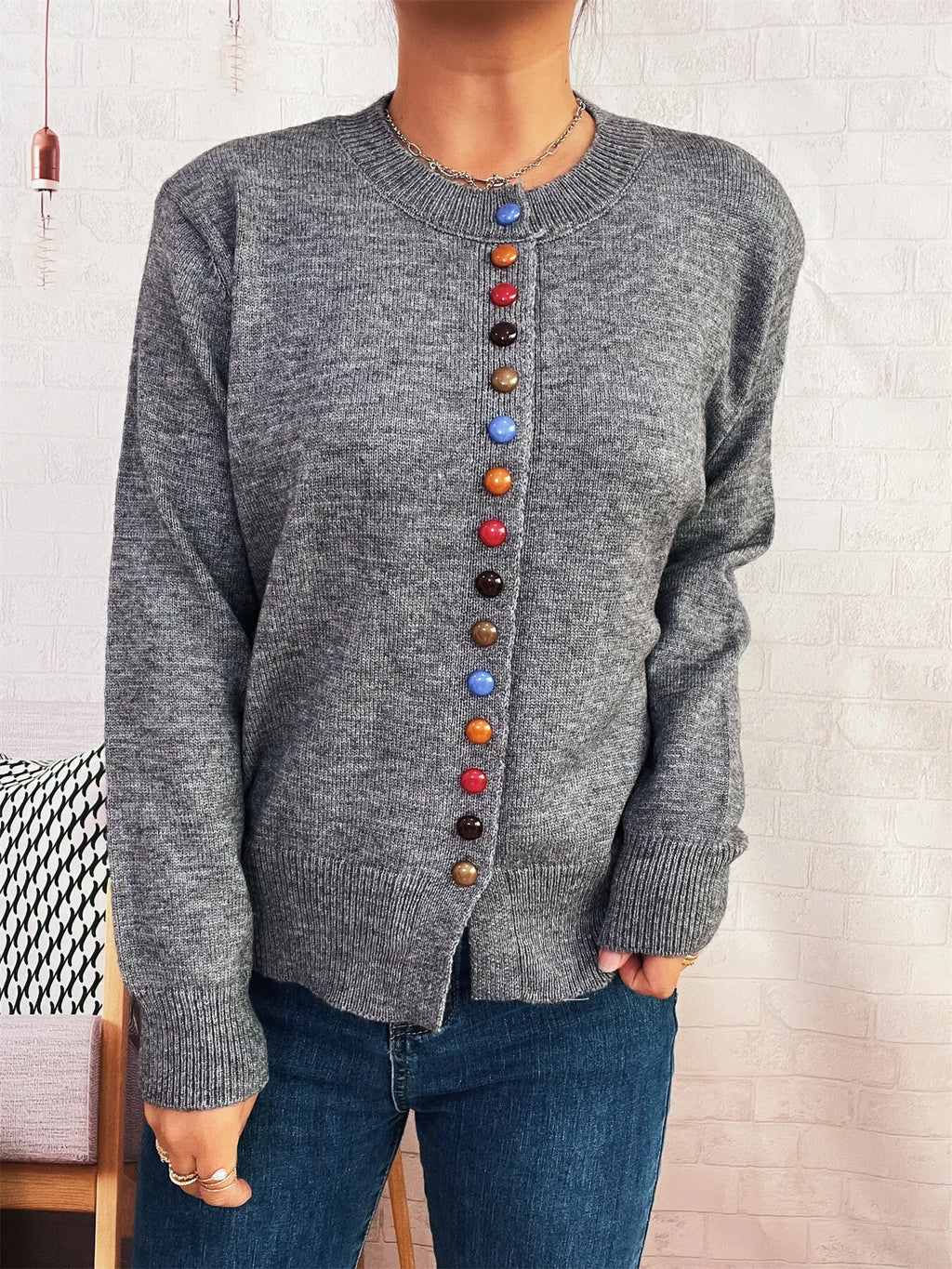 Button-Front Cardigan with Colorful Detail Buttons
