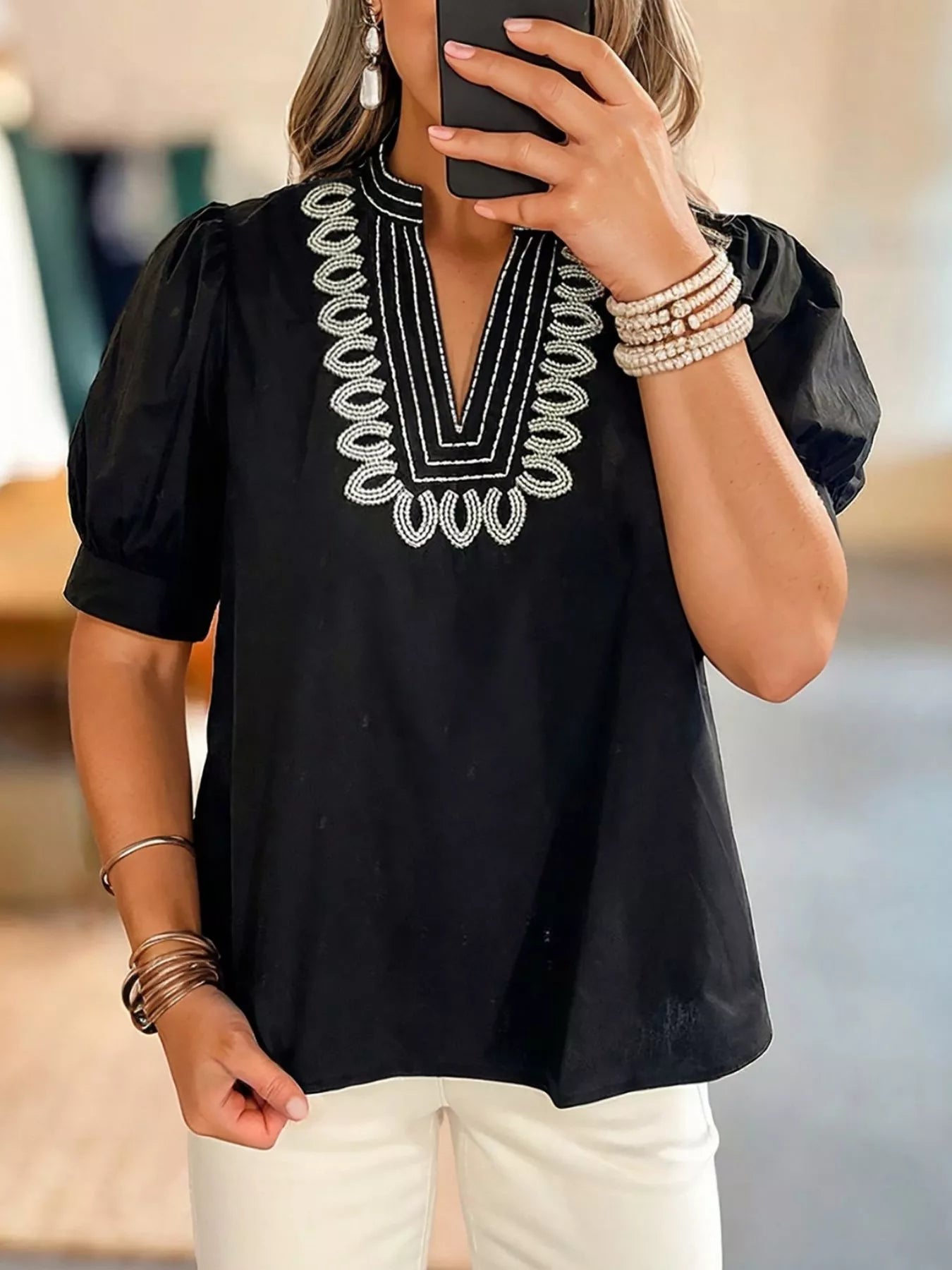 Notched Puff Sleeve Blouse