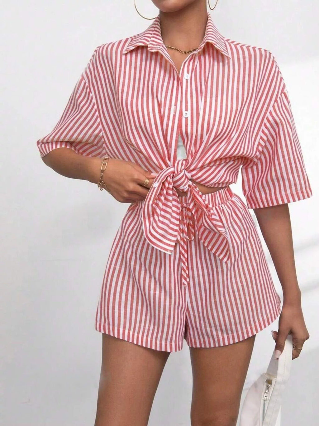 Striped Button Up Shirt and Shorts Casual Set