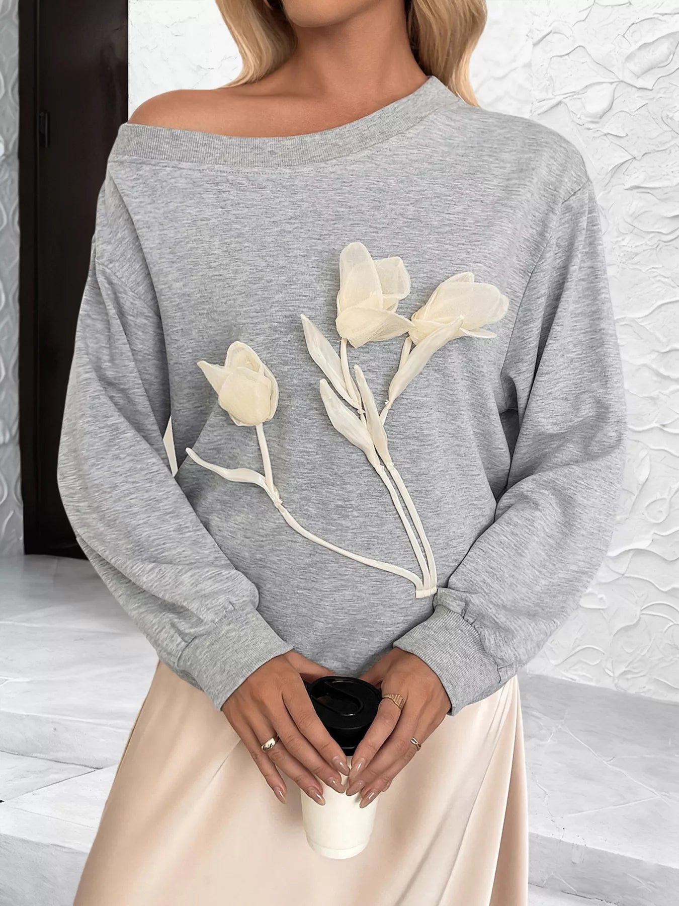 Floral Applique Boat Neck Sweatshirt