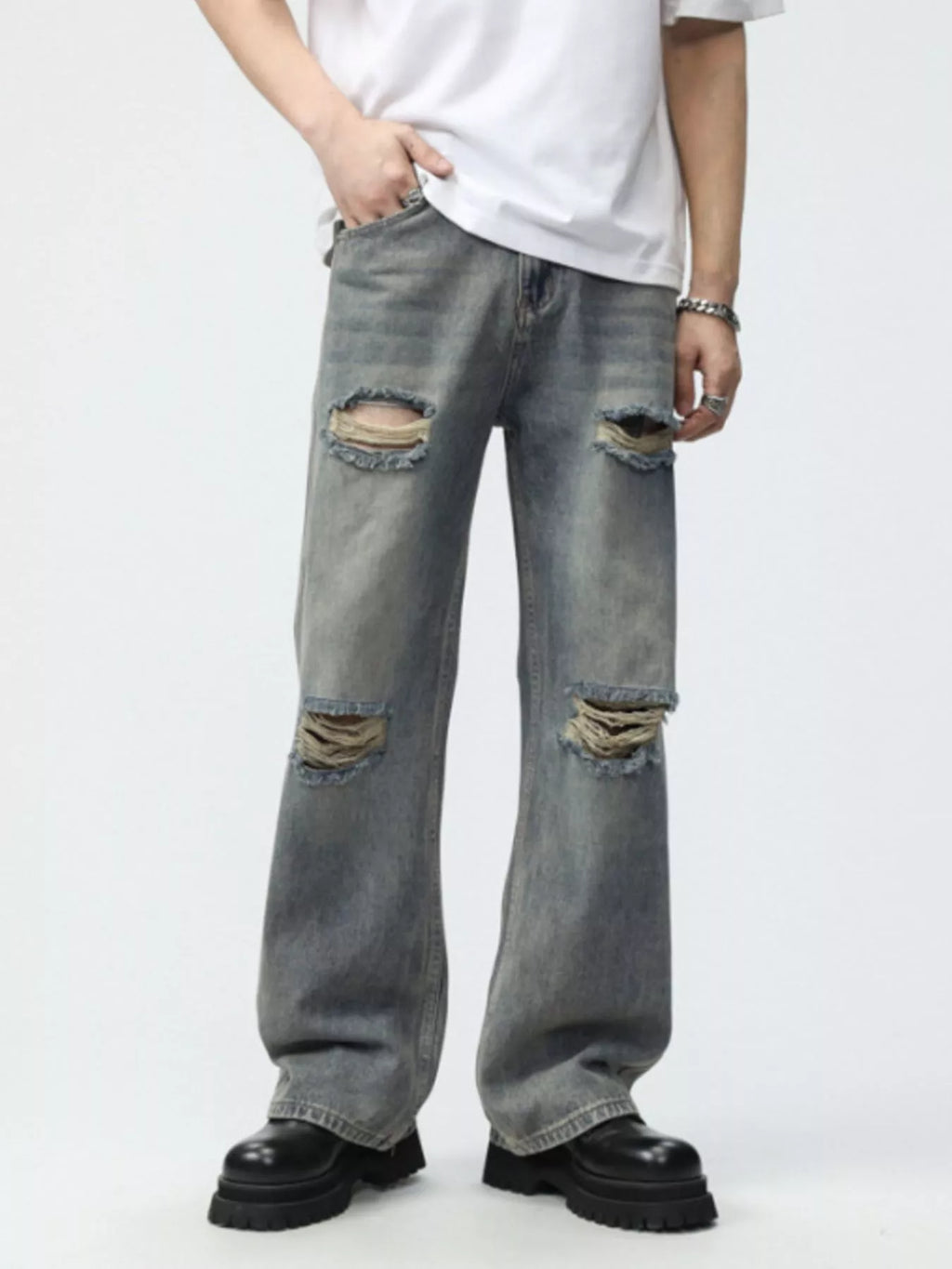 Men's Full Size Distressed Wide Leg Jeans Plus Size