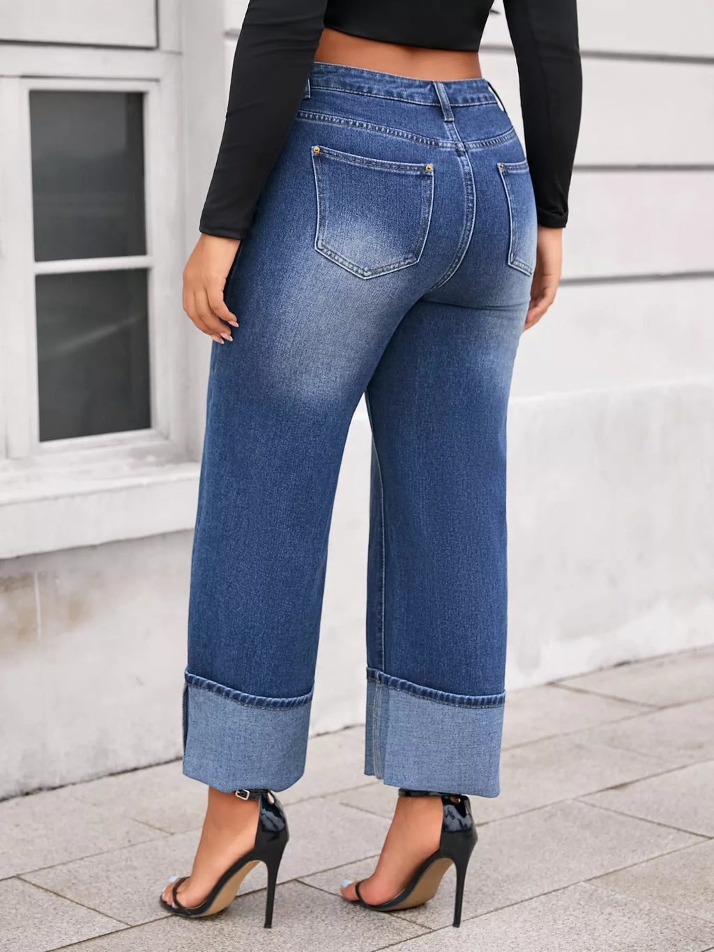 Plus Size High Waist Cuffed Wide Leg Jeans