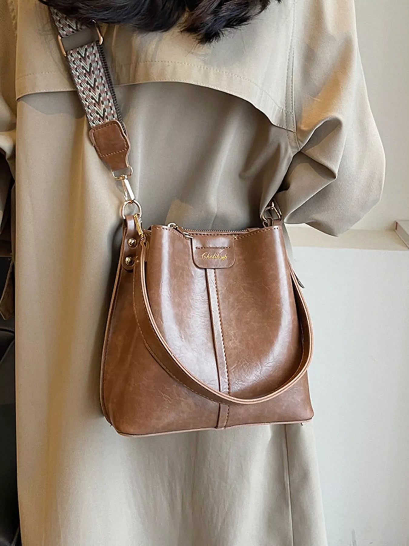 PU Leather Wide Strap Shoulder Bag