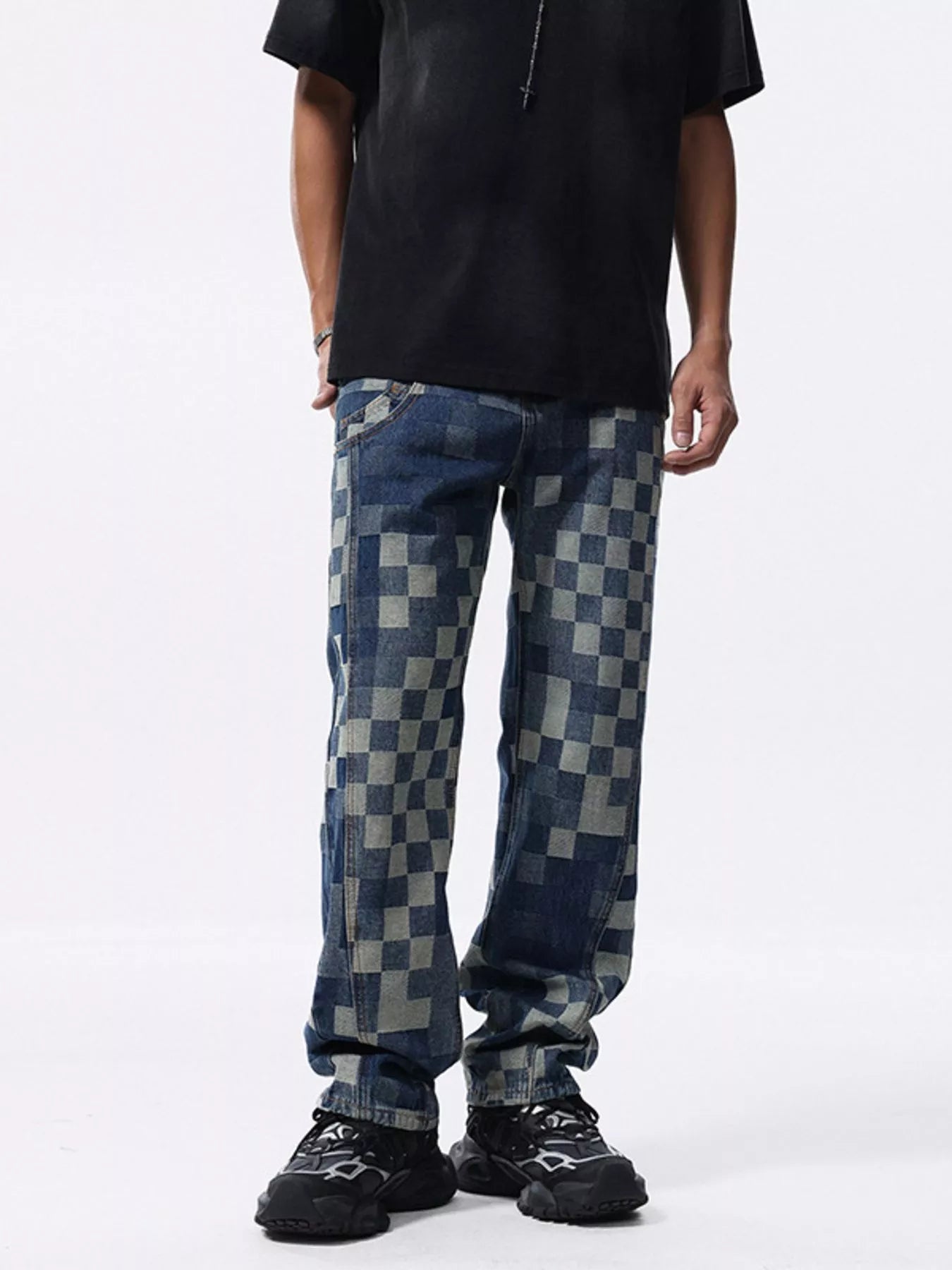Men's Checkerboard Pattern Relaxed Fit Jeans