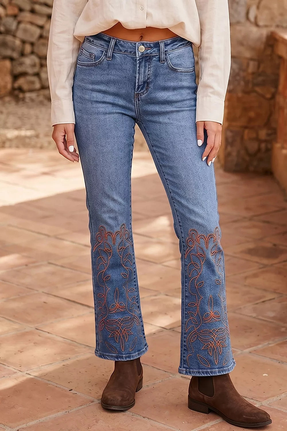 Embroidered Flare Leg Jeans