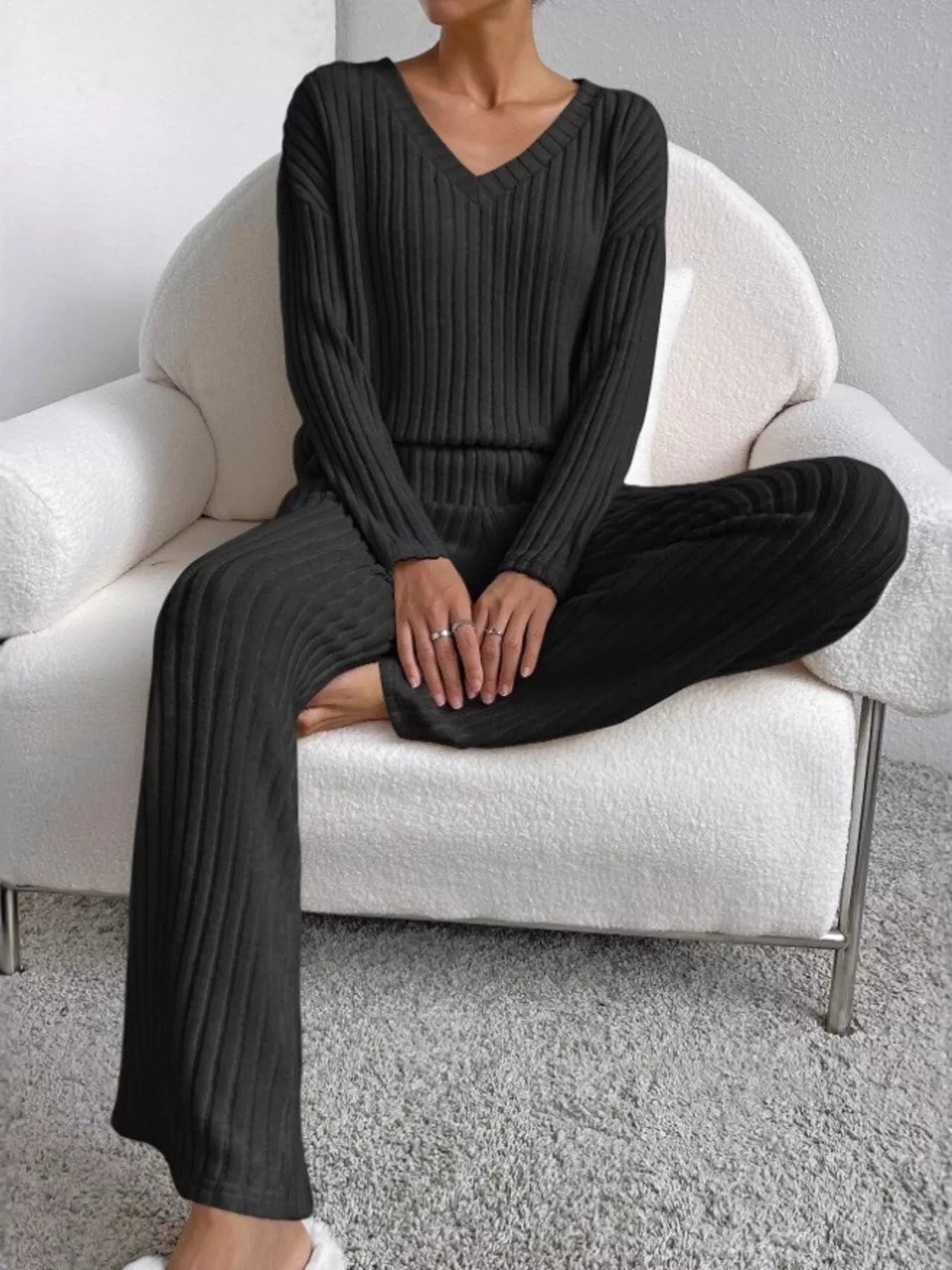 Ribbed Knit V-Neck Top and Pants Set