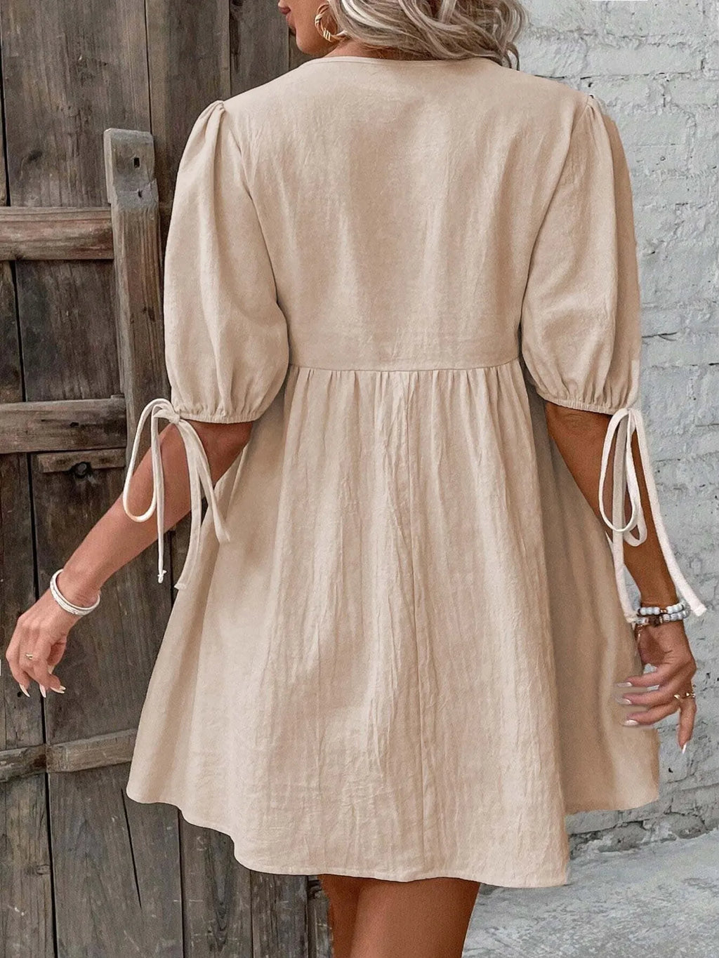 V-Neck Tie-Front Mini Dress with Puff Sleeves