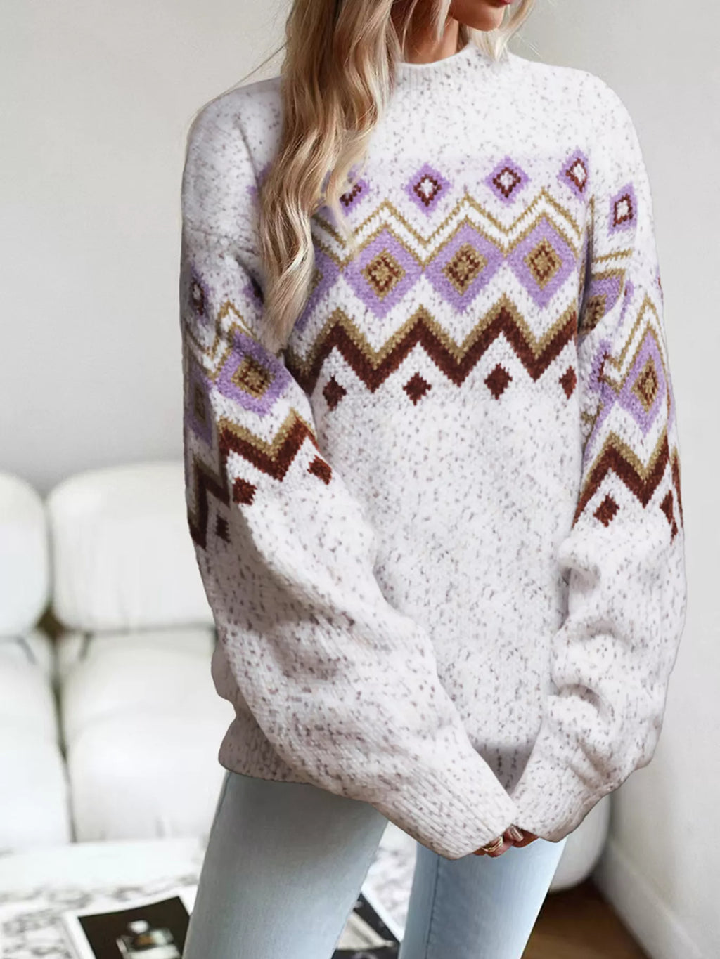 Geometric Pattern Mock Neck Sweater
