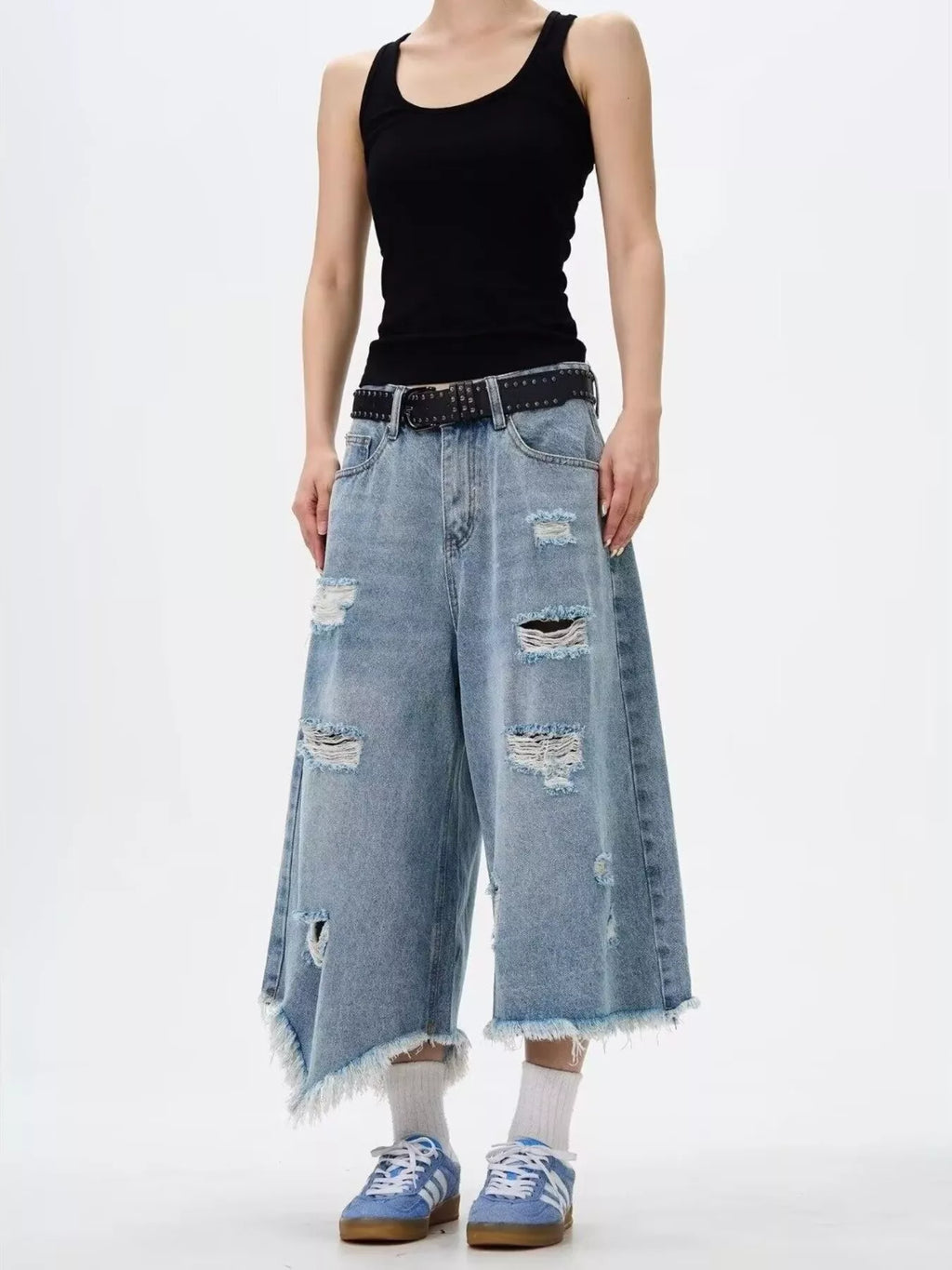 Men's Full Size Distressed Raw Hem Wide Leg Jeans Plus Size