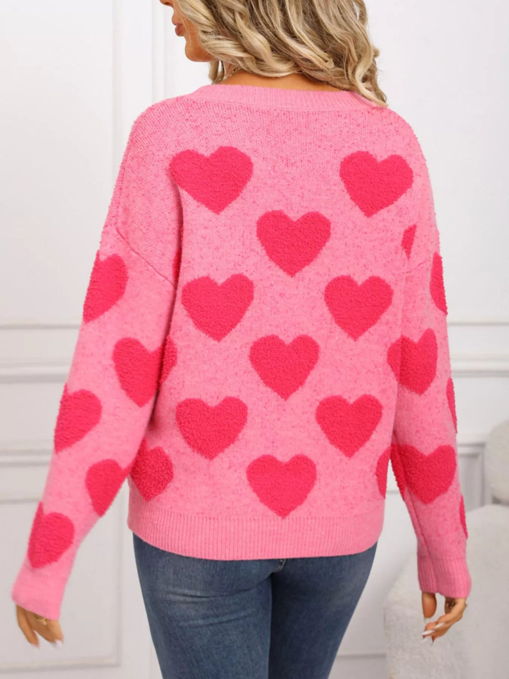Valentine's Day Heart Pattern Round Neck Sweater