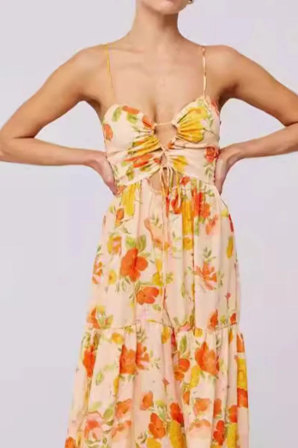 Floral Print Tie Front Tiered Maxi Dress