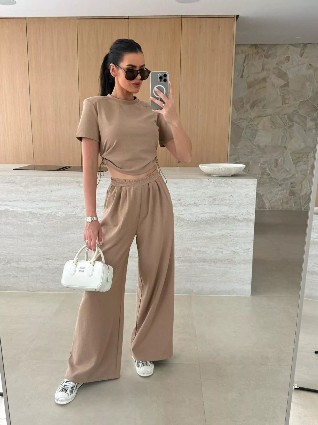 Drawstring Crop Top and Wide-Leg Pants Set