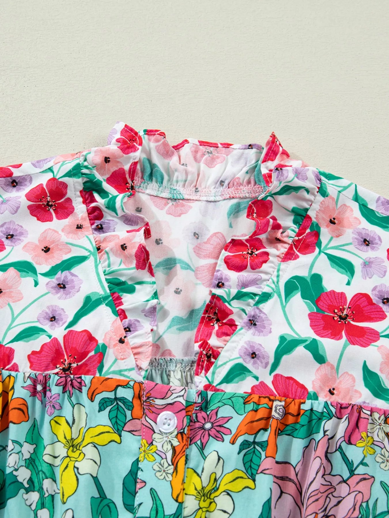 Floral Print Split Neck Button Front Flutter Sleeve Blouse
