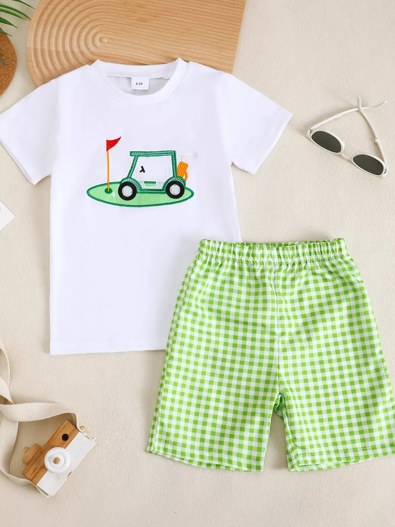 Children's Golf Cart Print T-Shirt and Gingham Shorts Set