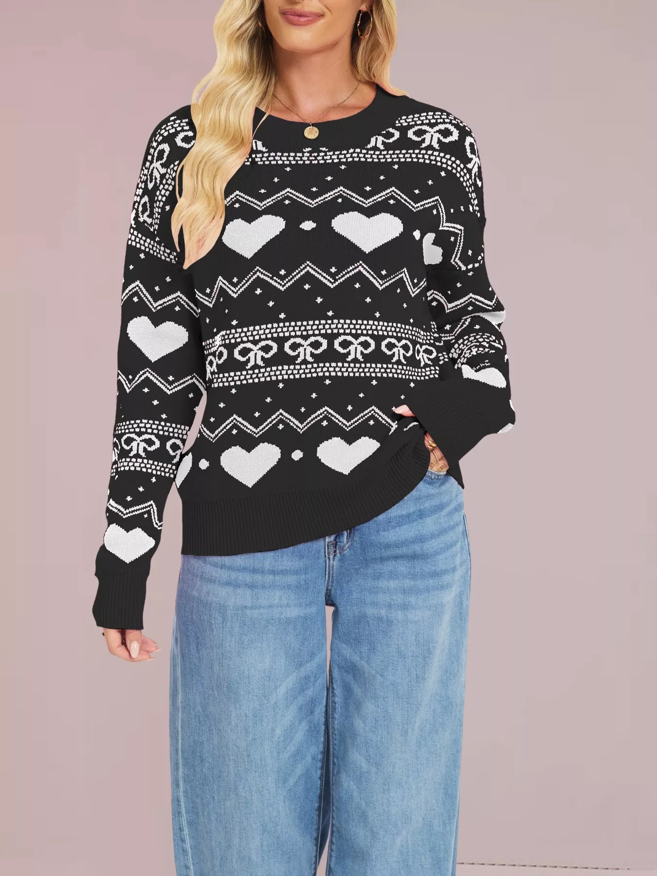 Heart & Bow Pattern Round Neck Sweater