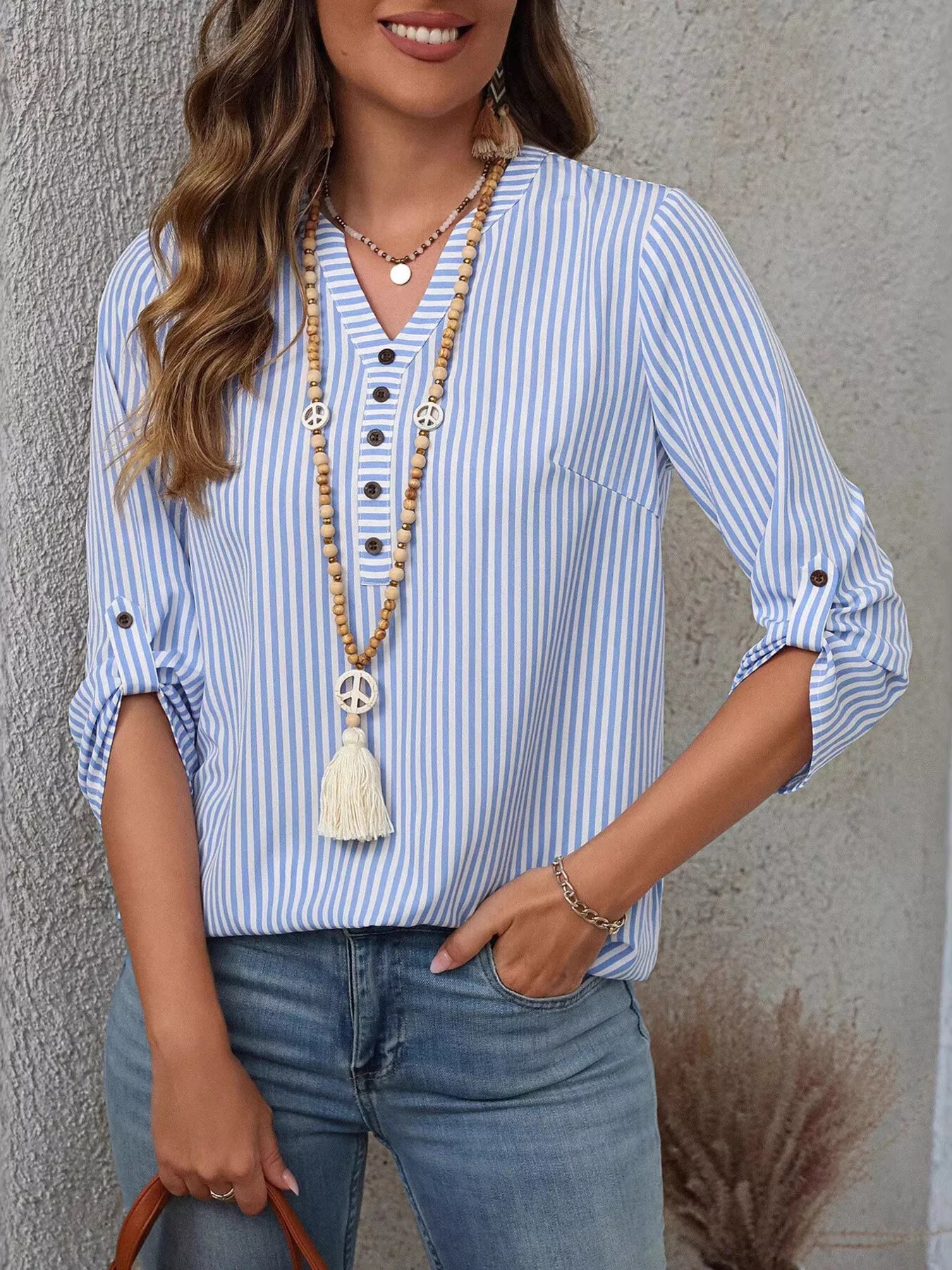 Striped V-Neck Roll-Up Sleeve Blouse