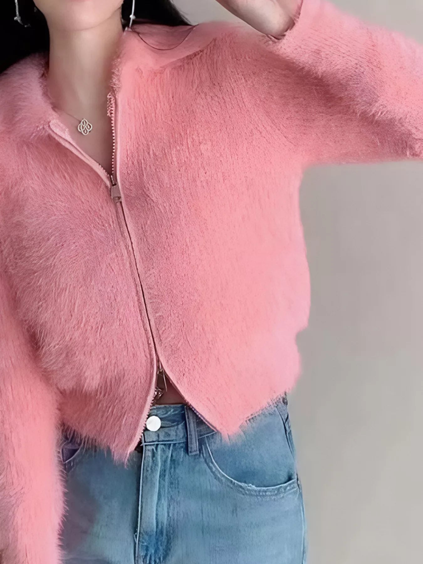 Fluffy Knit Zip-Up Outerwear