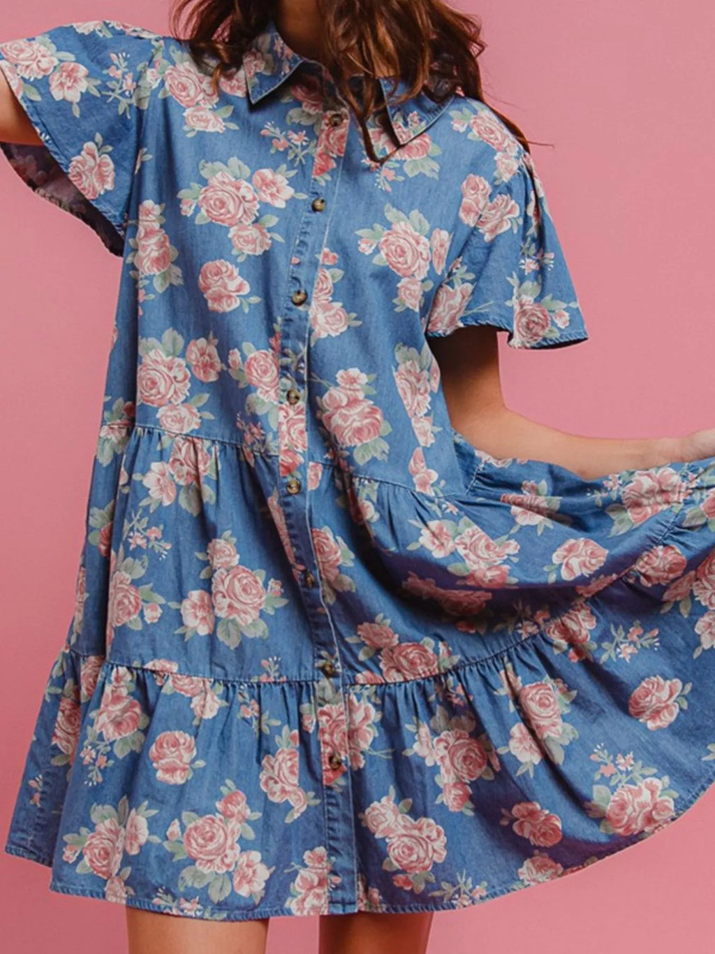 Floral Print Denim Button-Down Tiered Mini Dress