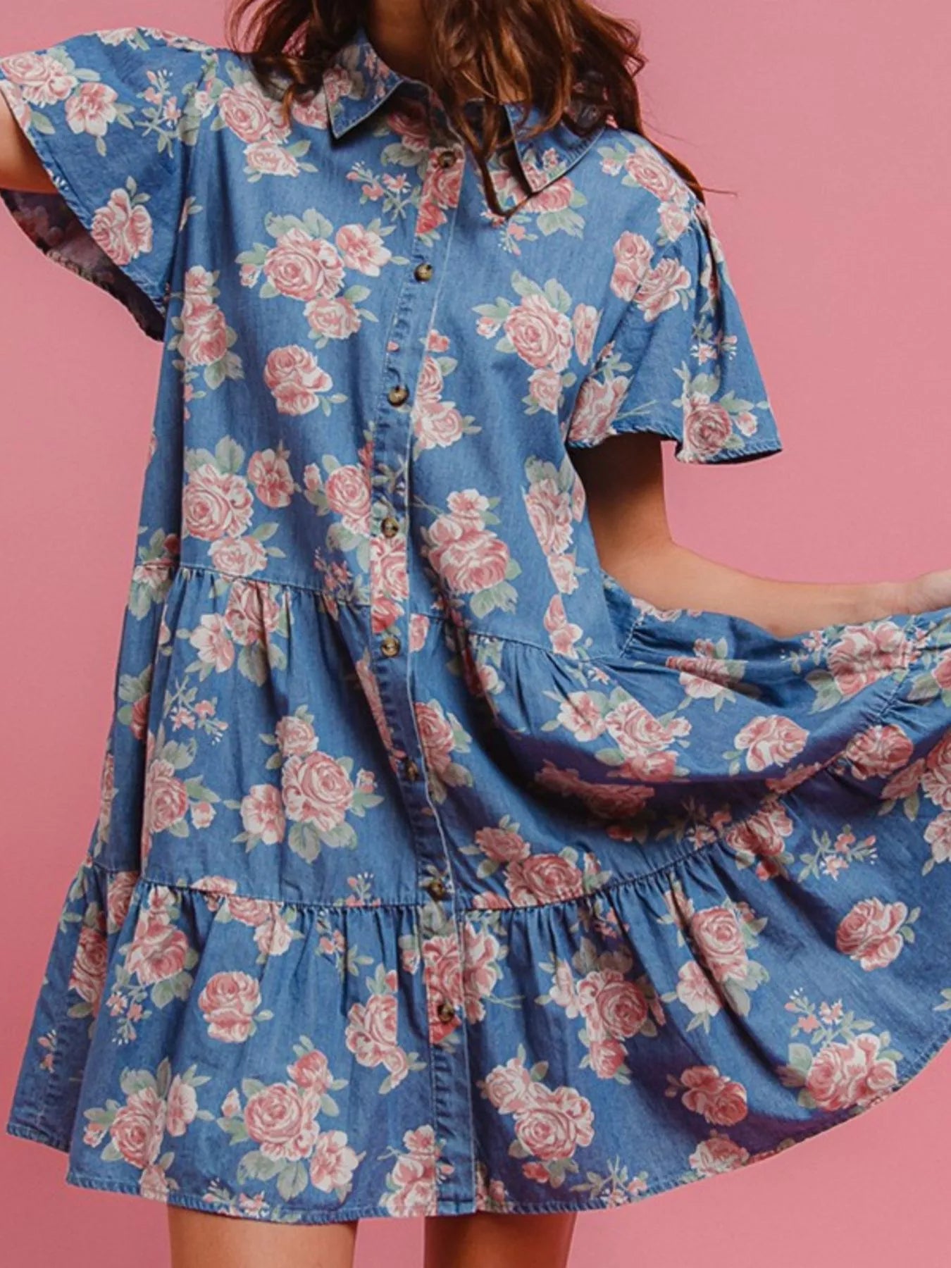 Floral Print Denim Button-Down Tiered Mini Dress