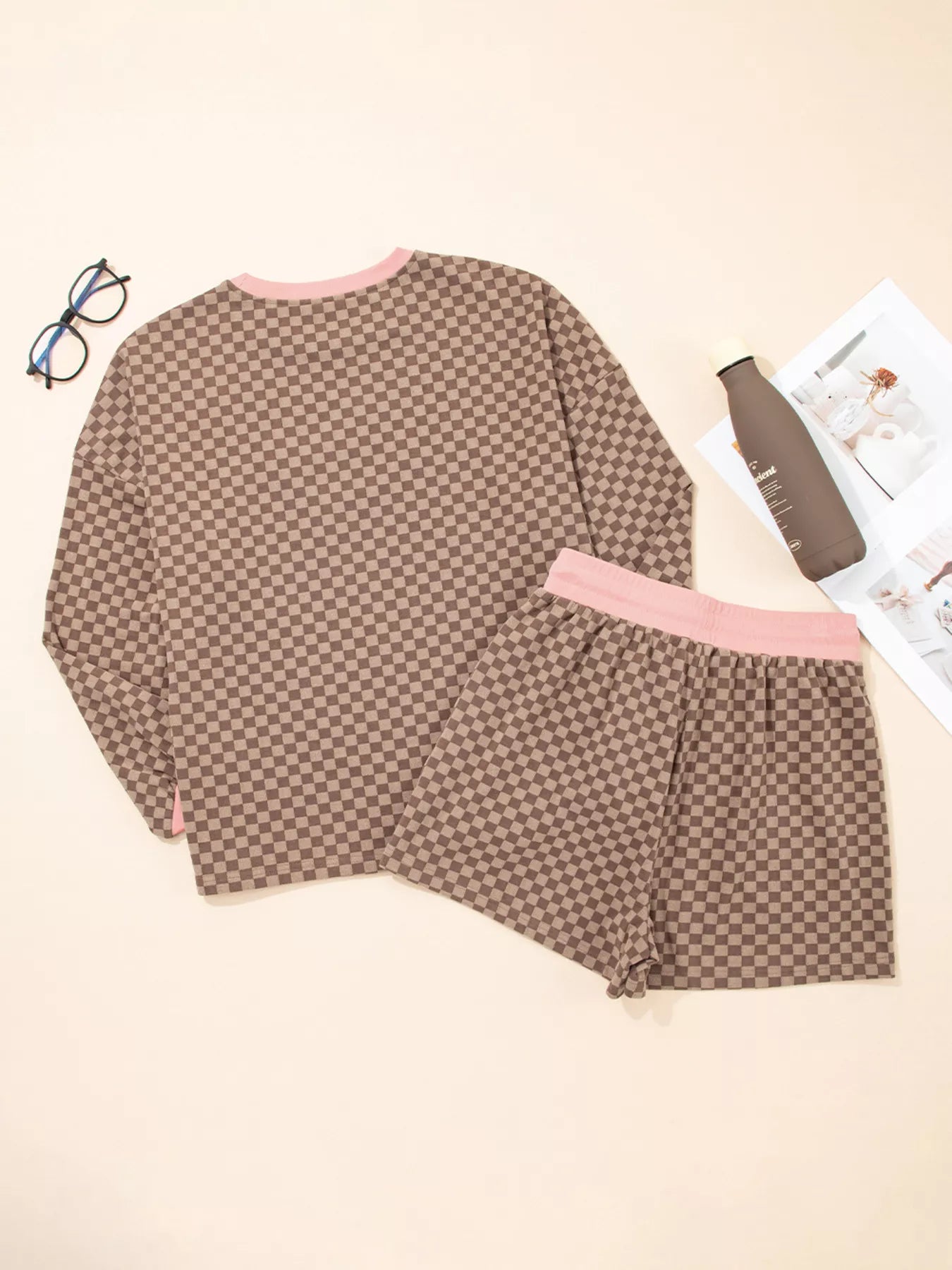 Checkerboard Long Sleeve Pullover and Shorts Set