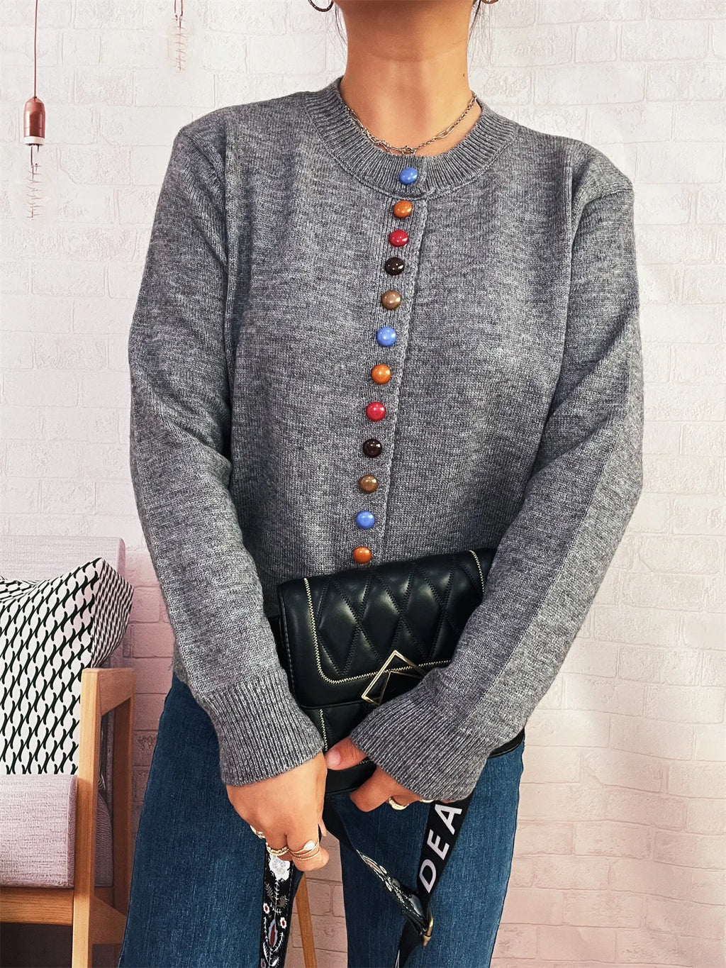 Button-Front Cardigan with Colorful Detail Buttons