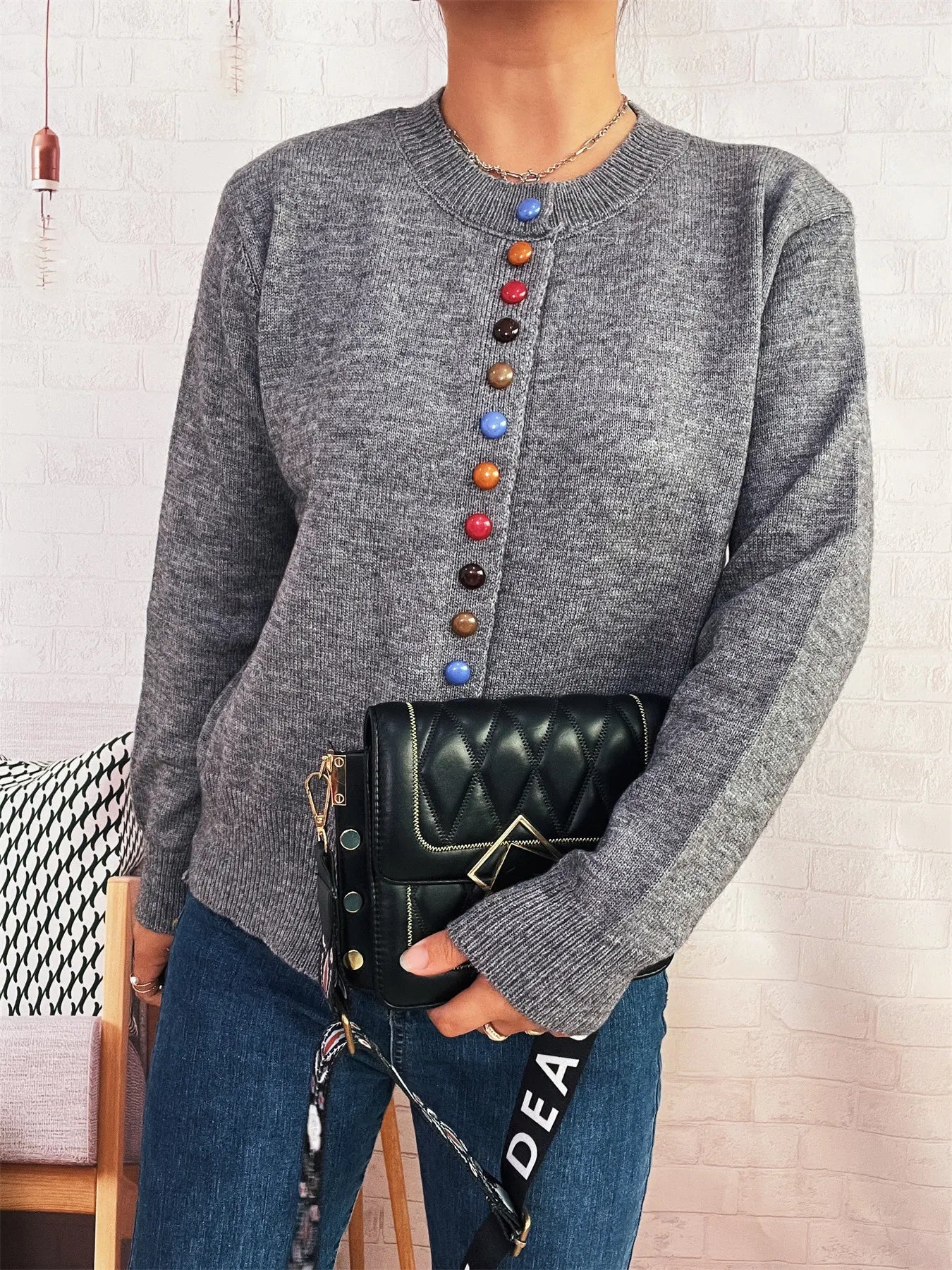 Button-Front Cardigan with Colorful Detail Buttons