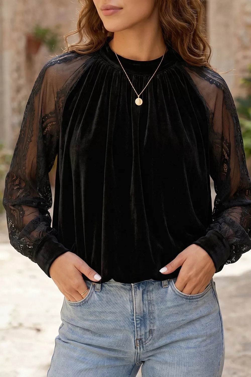 Solid Color Sheer Lace Long Sleeve Patchwork Stand Neck Velvet Blouse