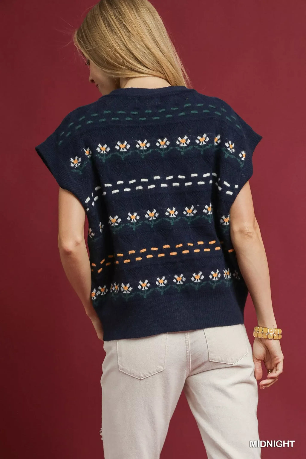 Umgee Button-Down Knit Vest with Floral Pattern