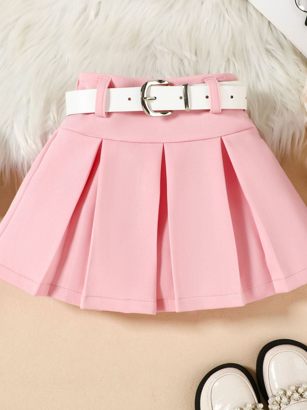 Children's Long Sleeve Shirt & Pleated Skirt Set with Belt