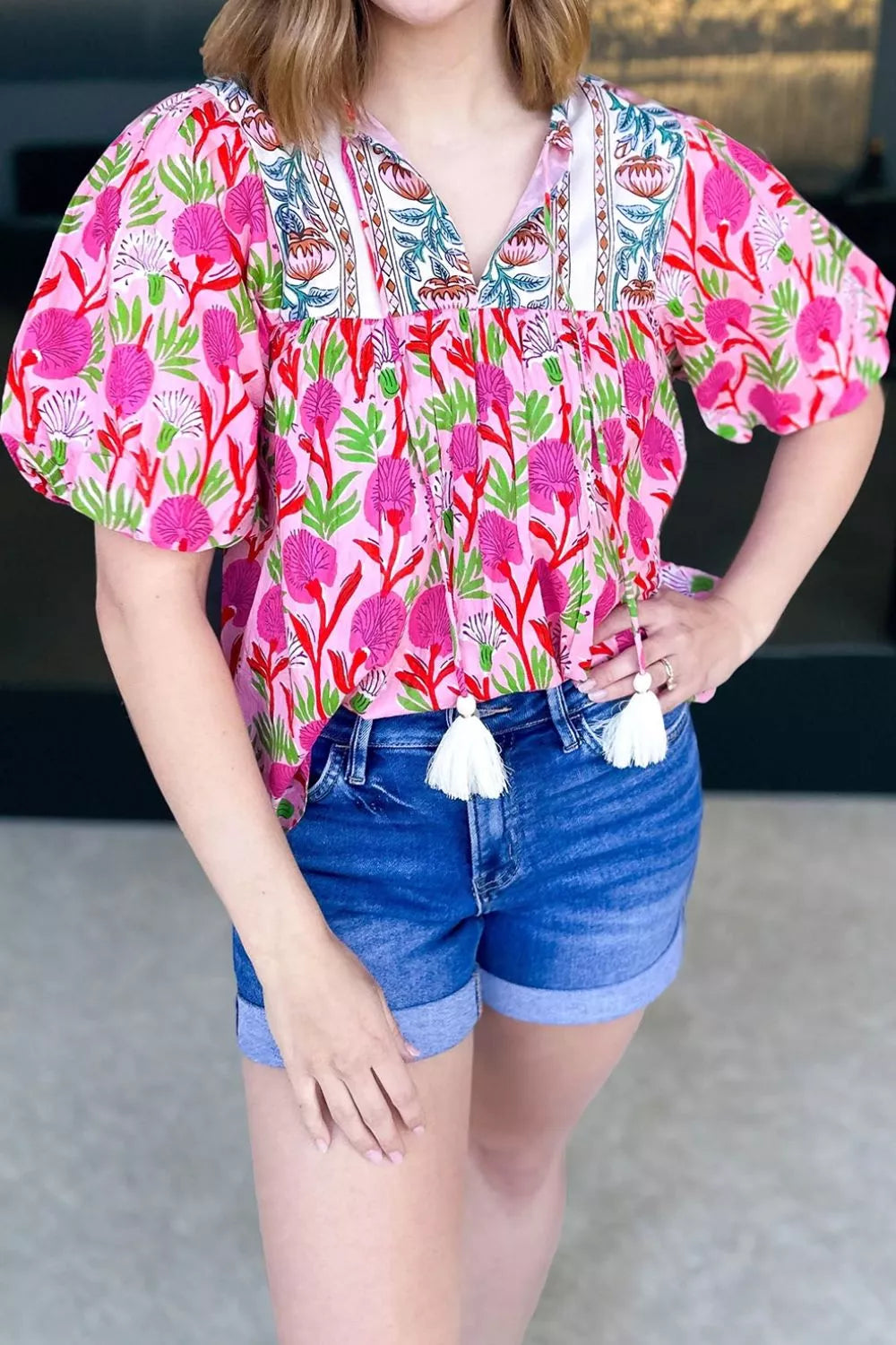 Floral Print Short Sleeve Contrast Patchwork Tassel Tie Blouse