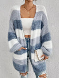 Striped Fuzzy Knit Open Front Cardigan