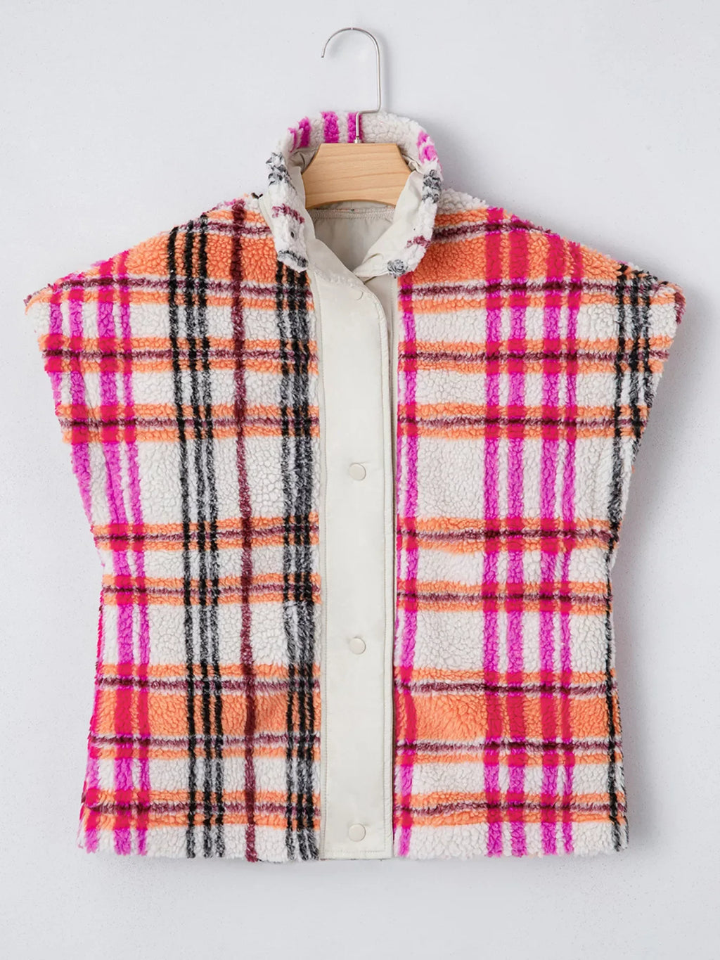 Sherpa Plaid Snap Down Vest Coat