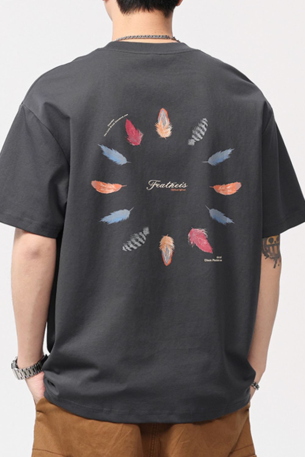 Men's Plus Size Feather Print Casual T-Shirt