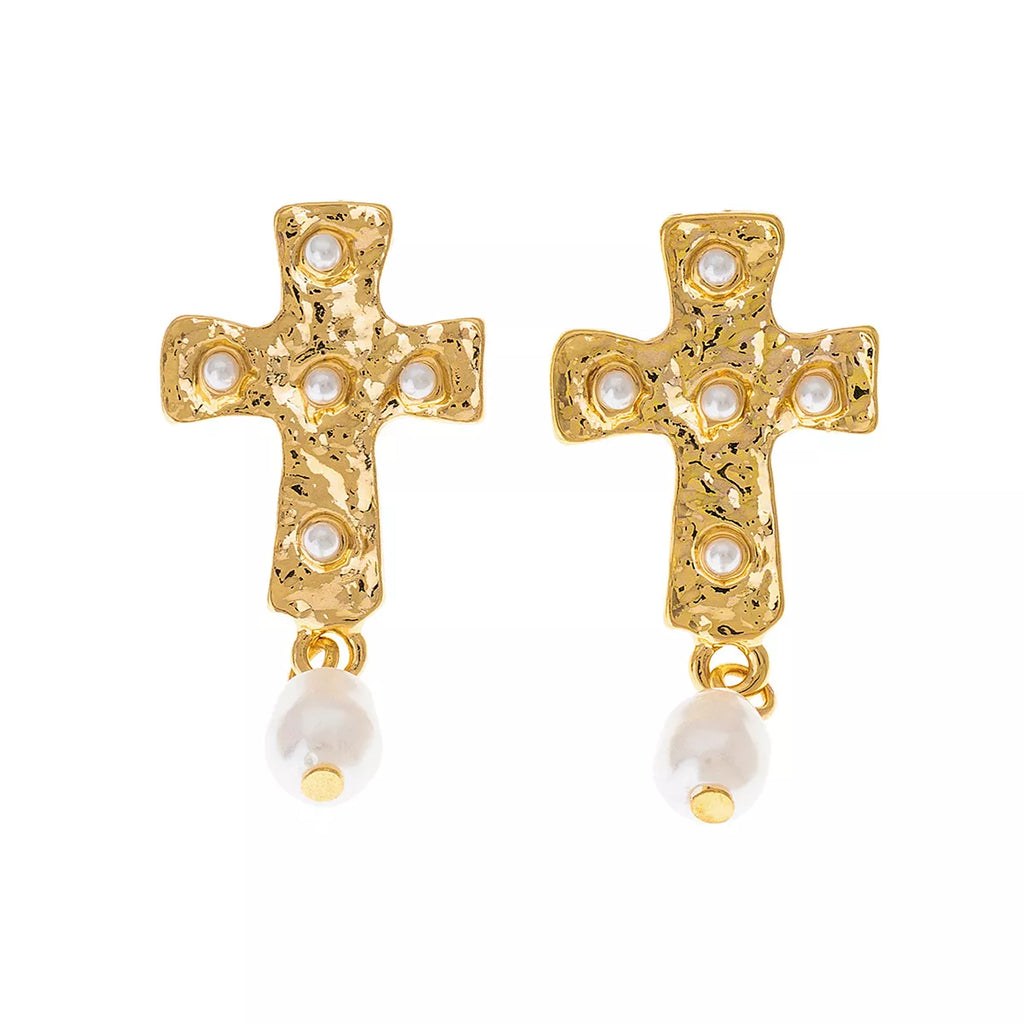 18K Gold-Plated Synthetic Pearl Cross Drop Earrings