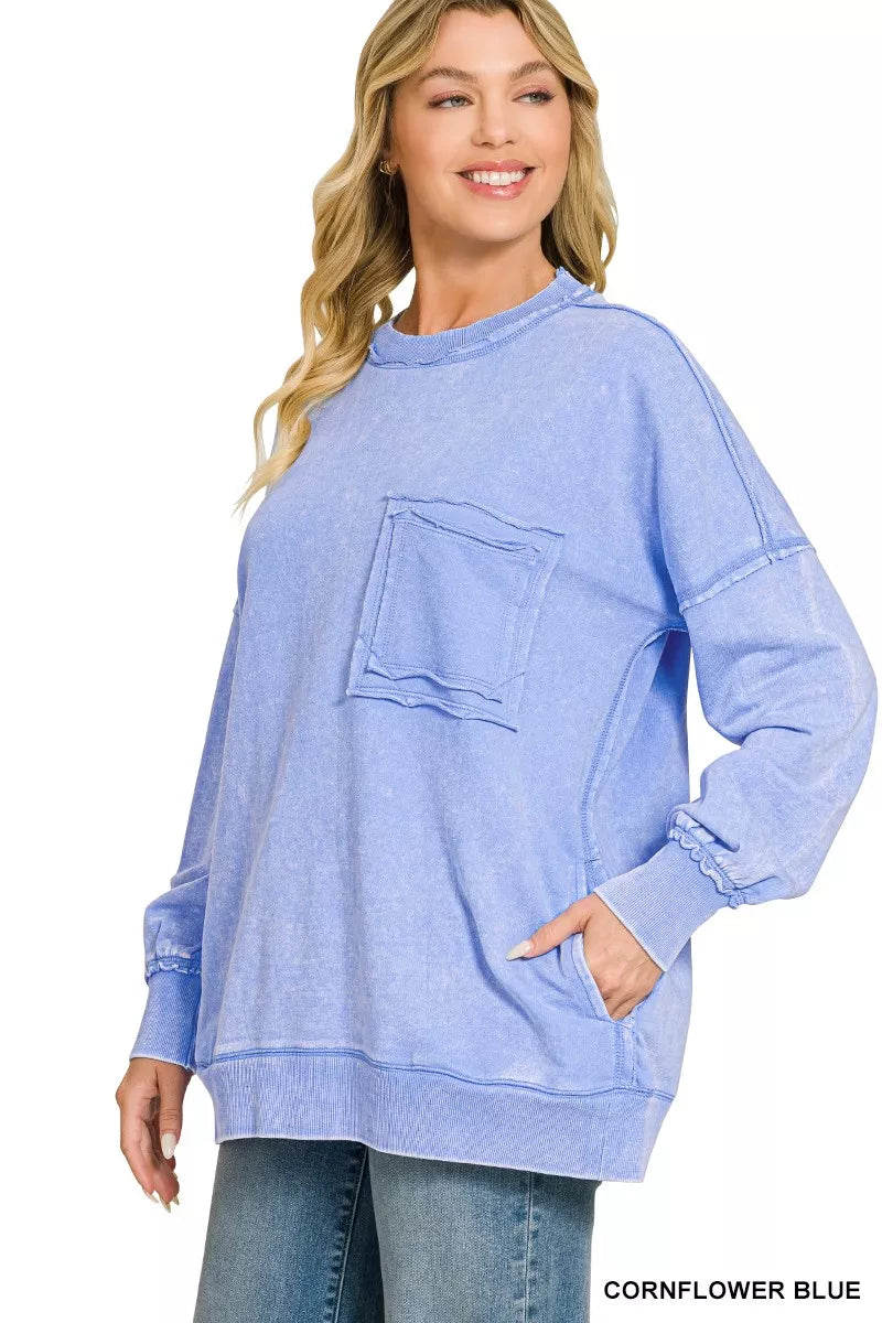 Zenana Acid Wash Raw Edge French Terry Sweatshirt with Front Pocket