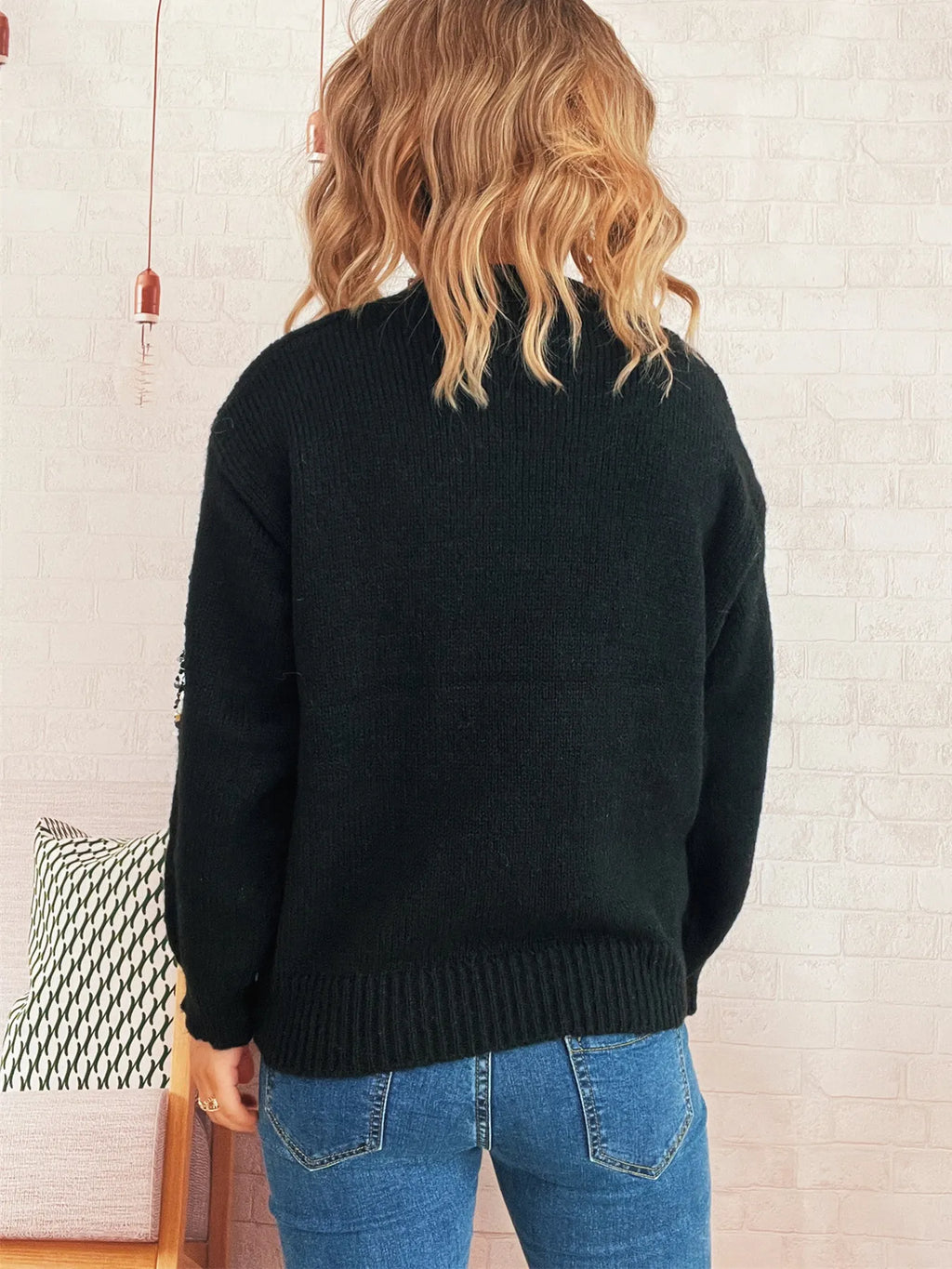 Sequined Diamond Pattern Oversized Sweater