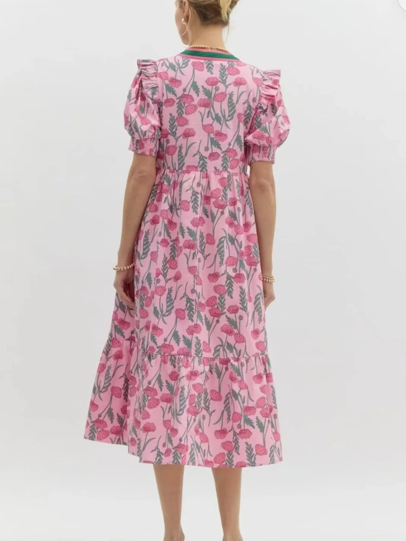 Floral Puff Sleeve Midi Dress with Contrast Trim