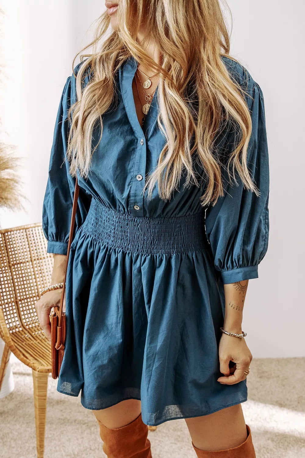Smocked Button Front Mini Dress