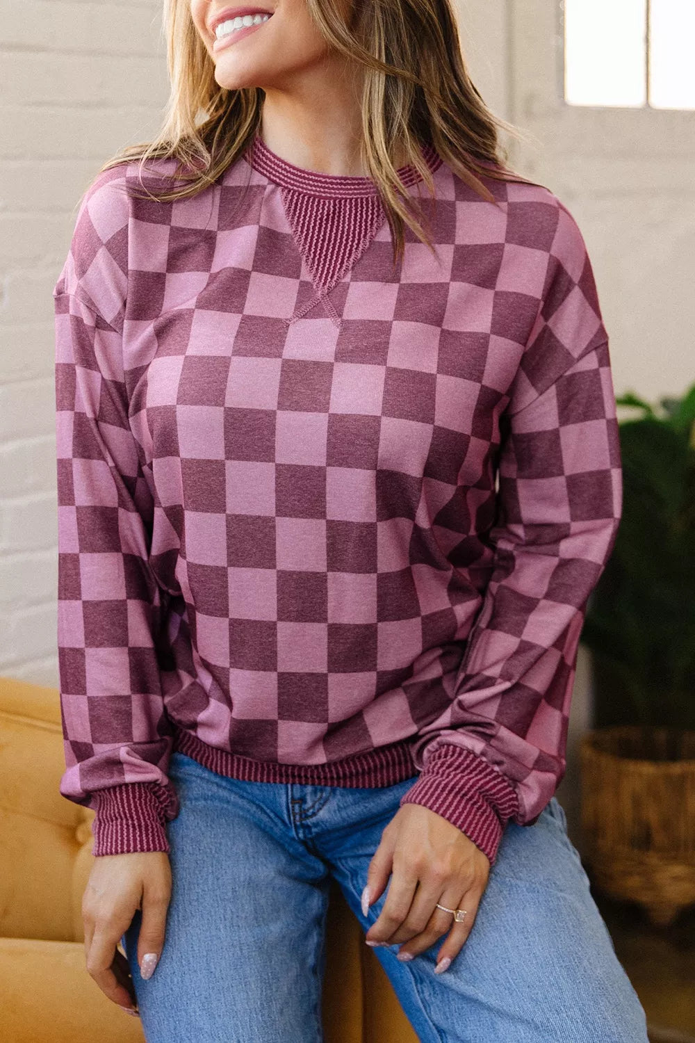 Ribbed Trim Checkered Print Long Sleeve Pullover Top
