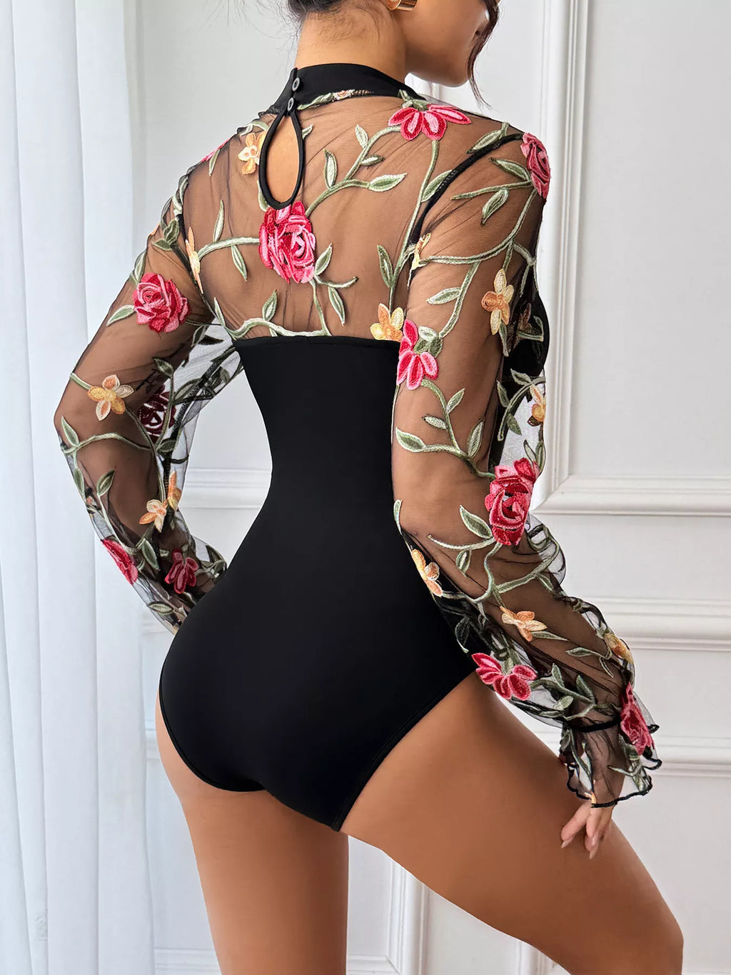 Floral Embroidered Mesh Long Sleeve Bodysuit