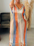 Striped Crochet Cover-Up Dress with Fringe