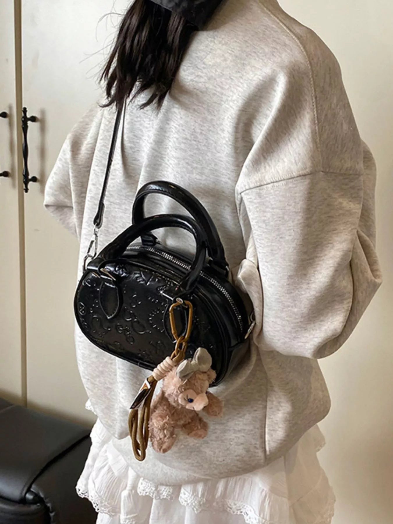 Embossed Pattern Top Handle Crossbody Bag
