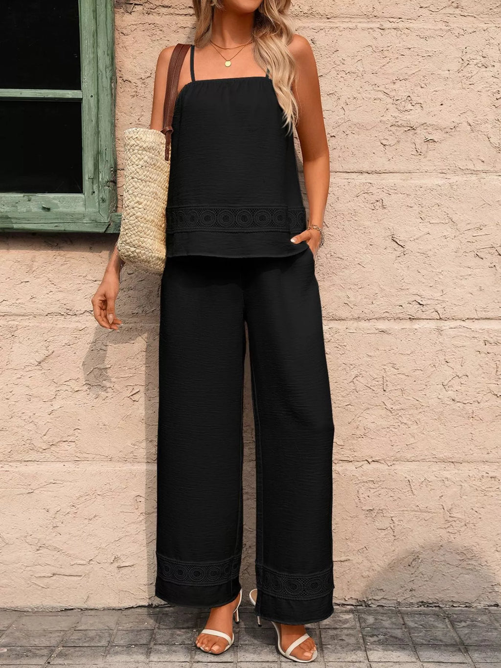 Lace Trim Cami and Wide Leg Pants Set
