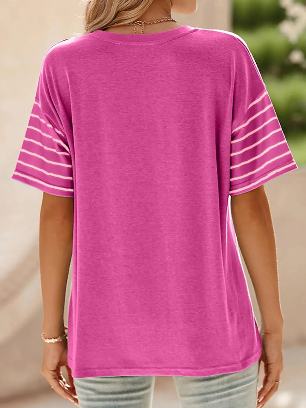 Color Block Striped Sleeve Casual T-Shirt