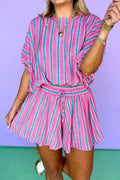 Stripe Dolman Short Sleeve Blouse Drawstring Elastic Waist Loose Short Set