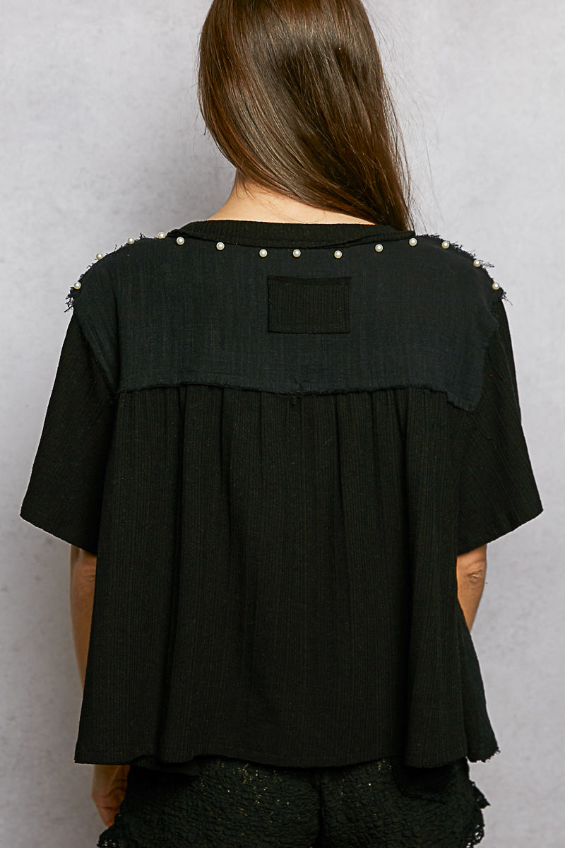 POL Lace Pearl Stud Round Neck Short Sleeve Shirt