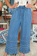 Ruffled Hem Wide Leg Chambray Pants