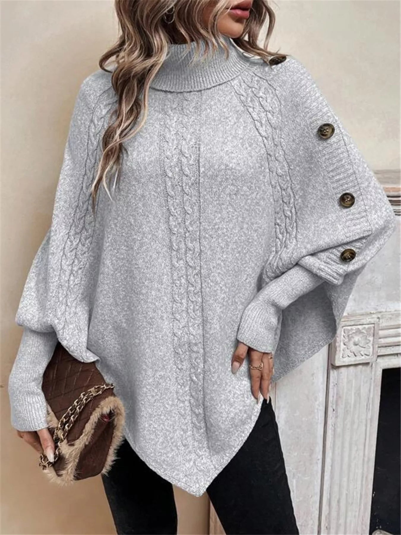 Cable Knit Turtleneck Cape Sweater