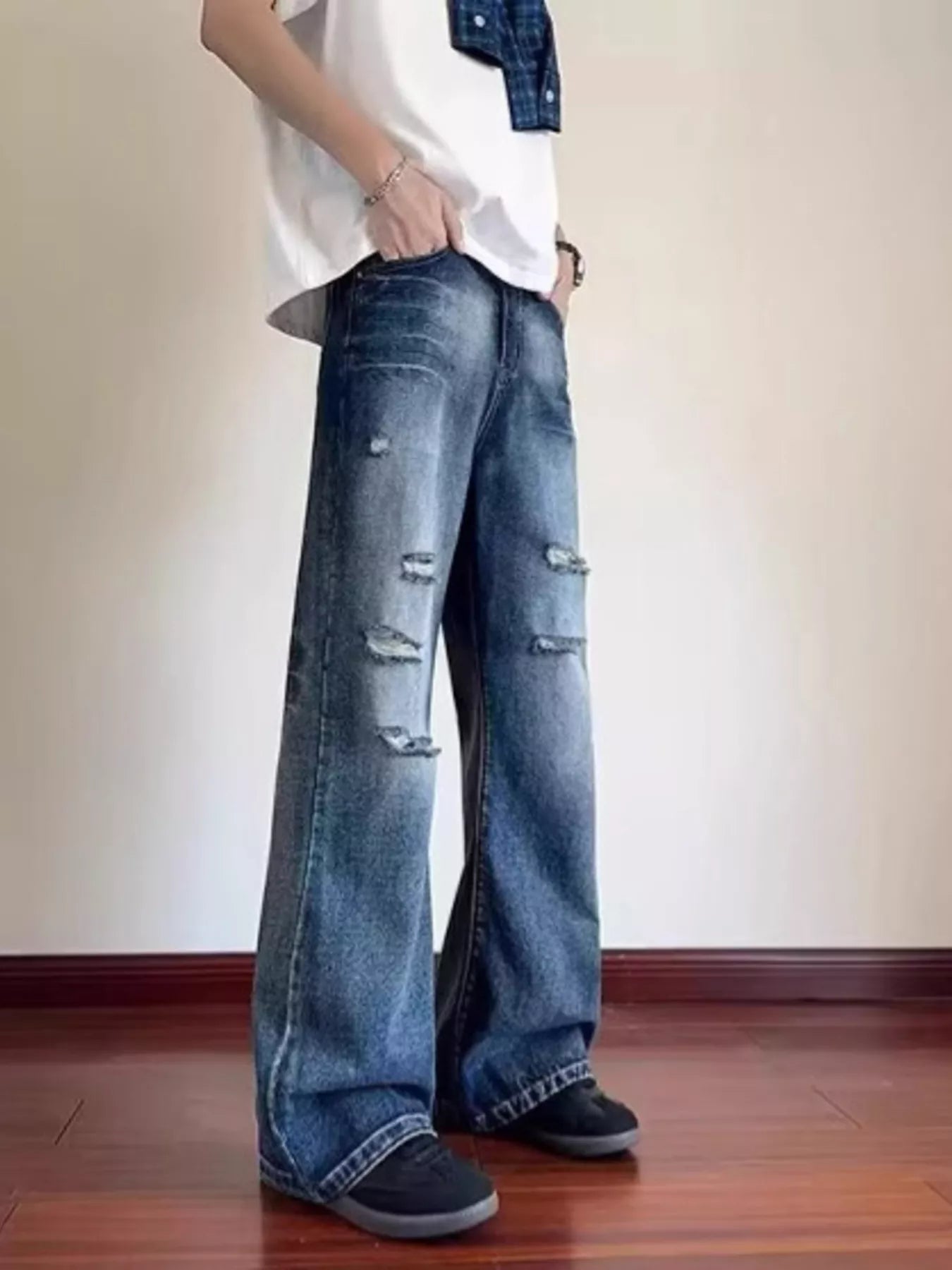 Men's Full Size Ripped Wide Leg Jeans Plus Size