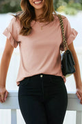 Solid Color Ribbed Ruffled Short Sleeve T Shirt